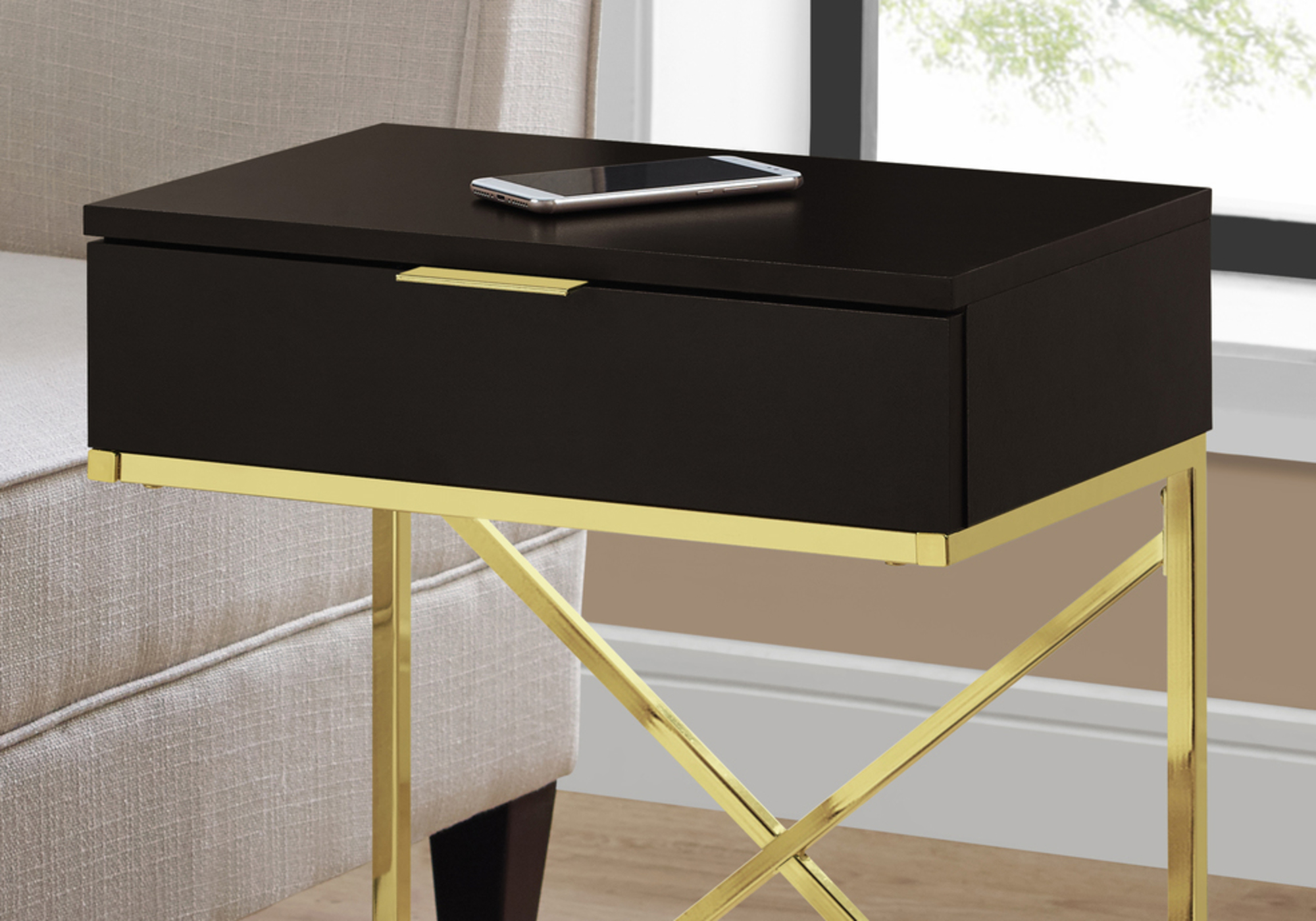 ACCENT END TABLE - 24"H / CAPPUCCINO / GOLD METAL WITH DRAWER